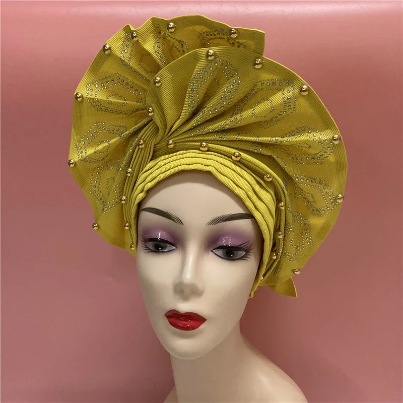 High Quality African Nigeria Gele Elegant Helmet With Stones Headband Turban Head Scarf Head-Hat Auto Gele Brand New Hats 7L5191