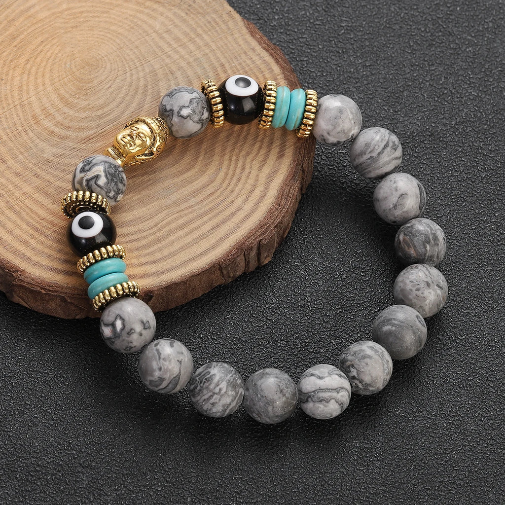 Classic Buddha&Evil Eye Bracelet Women Men 10mm Round Turquoises Blue Stone Bangles Handmade Elastic Yoga Bracelet