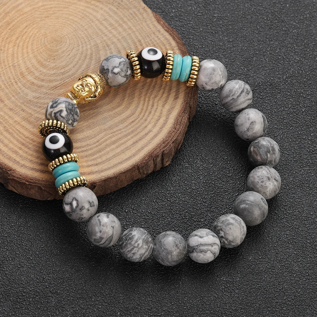 Classic Buddha&Evil Eye Bracelet Women Men 10mm Round Turquoises Blue Stone Bangles Handmade Elastic Yoga Bracelet
