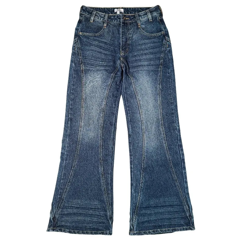 Retro Washed Flare Jeans Y2K Trendy Streetwear Panel Stitching Pocket Embroidered Bootcut Jeans Unisex Wide Leg Denim Trousers