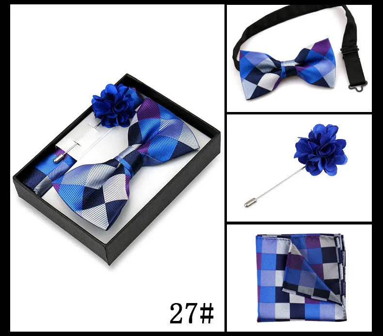Classic High Quality Bow Tie Set Box Gift For Men Fashion Elegant Bowtie Handchief And Brooch Set Wedding Business Accessories