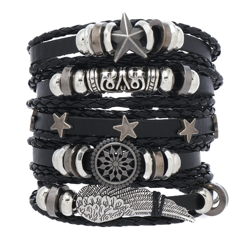5Pcs/ Set Braided Wrap Leather Bracelets for Men Vintage Life Tree Rudder Charm Wood Beads Ethnic Tribal Wristband Rope Bracelet