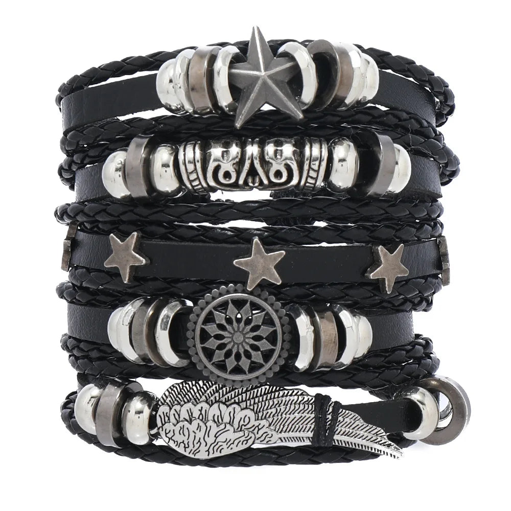 5Pcs/ Set Braided Wrap Leather Bracelets for Men Vintage Life Tree Rudder Charm Wood Beads Ethnic Tribal Wristband Rope Bracelet