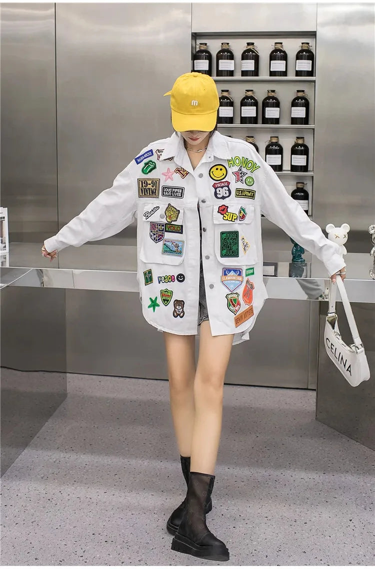 Fashion Embroidery Patches Denim Jacket Coat Women Harajuku Streetwear Hip Hop Trend Loose Jean Jackets Outerwear