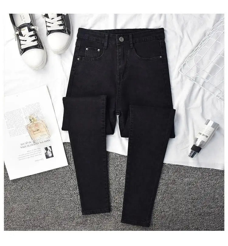High Waist Slim Fit Jeans Women's Elastic Stretchy Nine Points Pants Spring Autumn Fashionable Casual Straight Leg Trousers