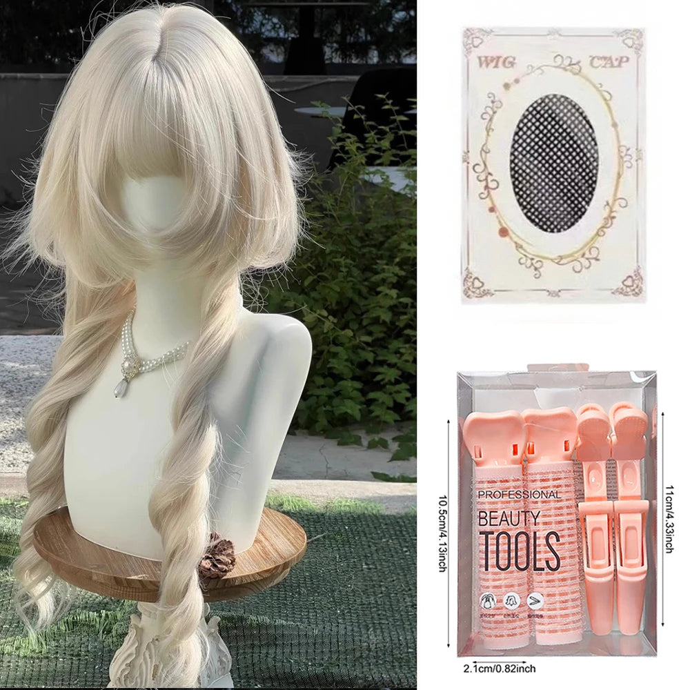 Double Ponytail Long Curly Hair Wig with Bangs Synthetic Hair Cute Lolita Wigs for Women Daily Party Cosplay Wig Heat Resistant