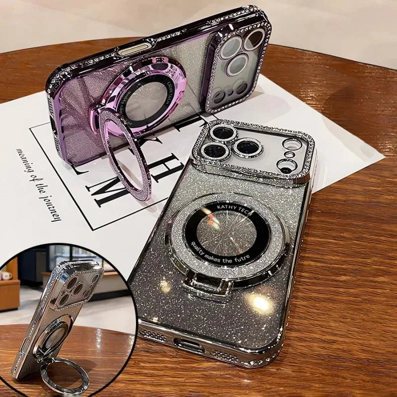 Plating transparent diamond glitter magnetic phone case for iPhone 17 16 13 14 15 Pro Max lens protection bracket back cover