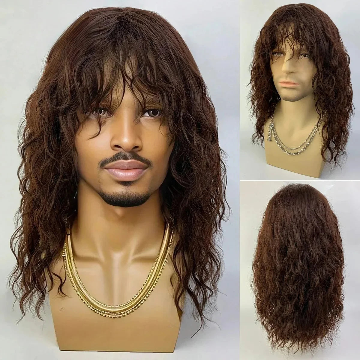 Men's Black Curly Wig with Bangs – Natural Water Wave Synthetic Hair for Cosplay, Halloween & Daily Wear – Adjustable Cap (Rolep