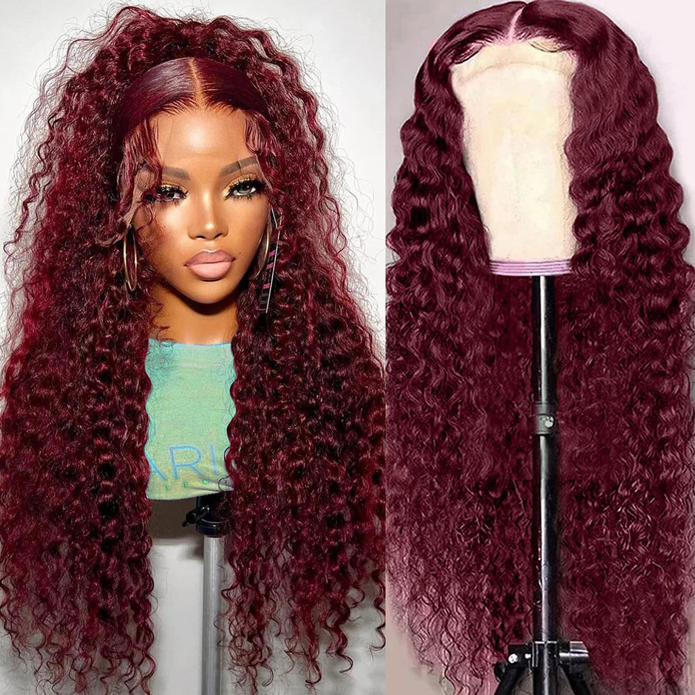 Burgundy Colored Human Hair Wig Deep Wave 13x4 Lace Frontal Wigs HD Transparent Lace Curly Hair Wig for Women