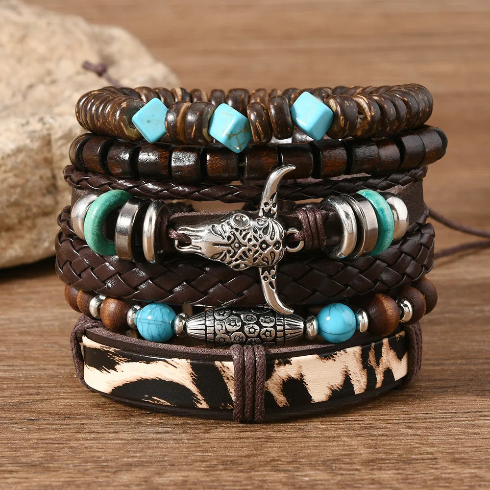 Vintage Feather Casual 6 Pc/set Tree Handmade Men Bracelets Male Women Leather Bracelets Men Bangle Wholesale Jewelry Gift