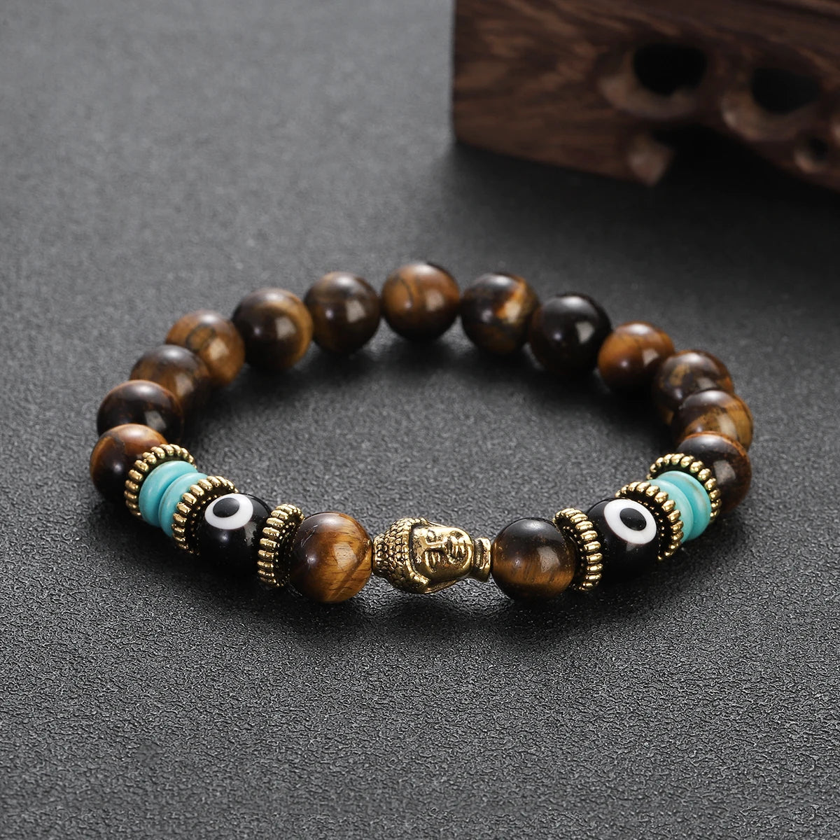 Classic Buddha&Evil Eye Bracelet Women Men 10mm Round Turquoises Blue Stone Bangles Handmade Elastic Yoga Bracelet