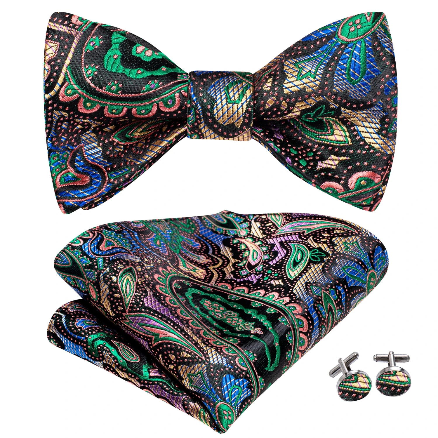 Hi-Tie Silk Mens Self Bow Tie Pocket Square Cufflink Set Butterfly Knot Jacquard Floral Paisley Bowtie for Male Wedding Business
