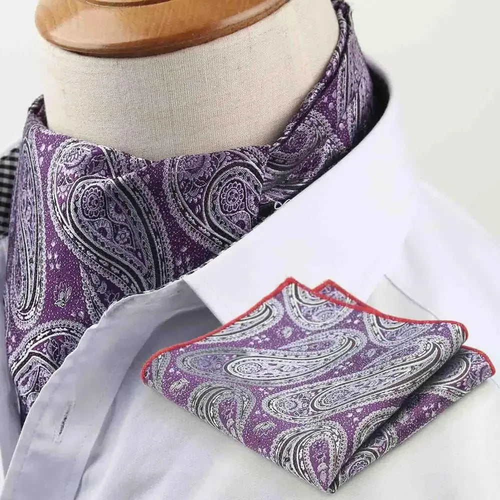 Polyester Cravat Pocket Square Set Formal Necktie Handkerchief Ascot Self Tie Polka Dot Paisley Design Gentleman Necktie Gifts