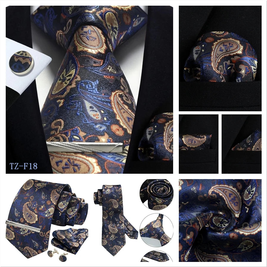 Mens Tie Set Silk Silver Paisley Floral Necktie and Pocket Square Cufflinks Tie Clip Classic Formal Ties for Men Wedding Party