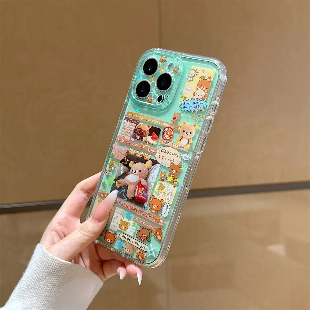 Kawaii Rilakkuma Cartoon Phone Case for iPhone 17 16 15 Pro16 Max 17 Pro Max Cover Cute Shockproof Funda Capa With Charm Cases