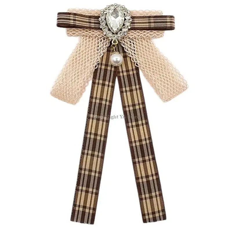 Retro Brown Plaids Bowtie Brooch Pin Uniform Ribbon Bowknot Jabot Collar Necktie