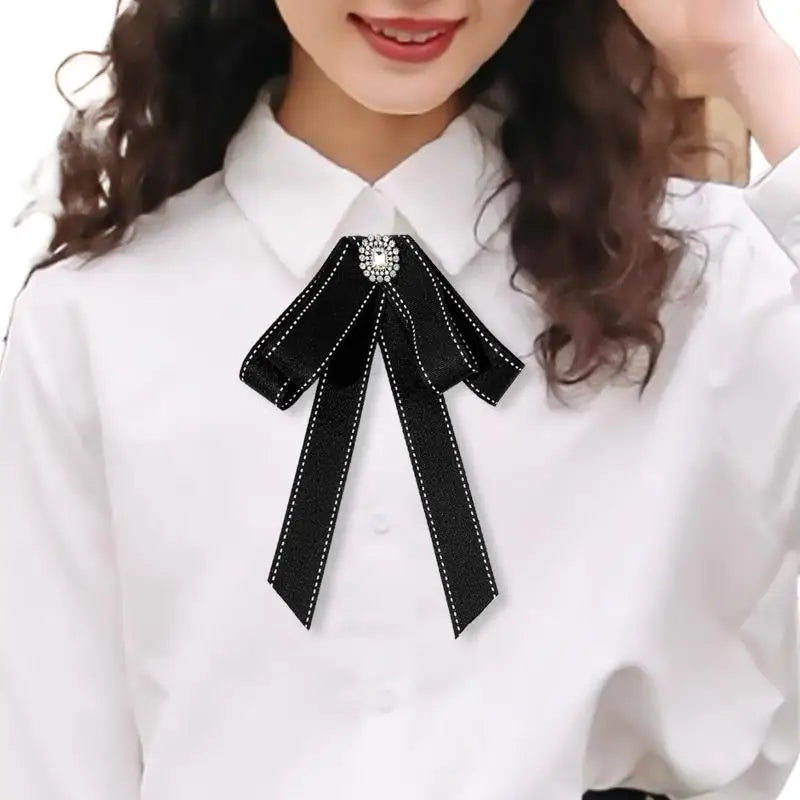 Black Ribbon Fabric Bow Brooch Tie Blouse Sweater Neckline Accessories Decoration