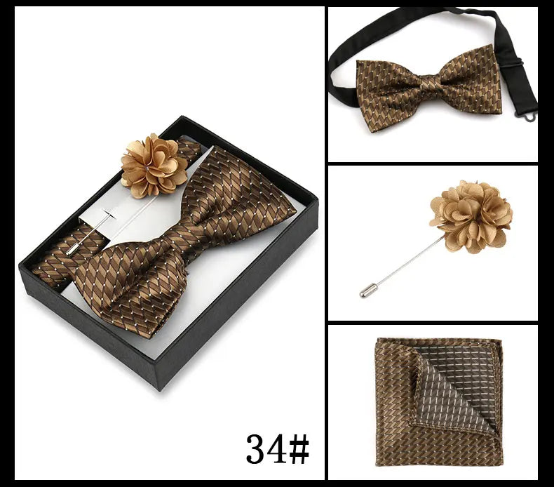 Classic High Quality Bow Tie Set Box Gift For Men Fashion Elegant Bowtie Handchief And Brooch Set Wedding Business Accessories
