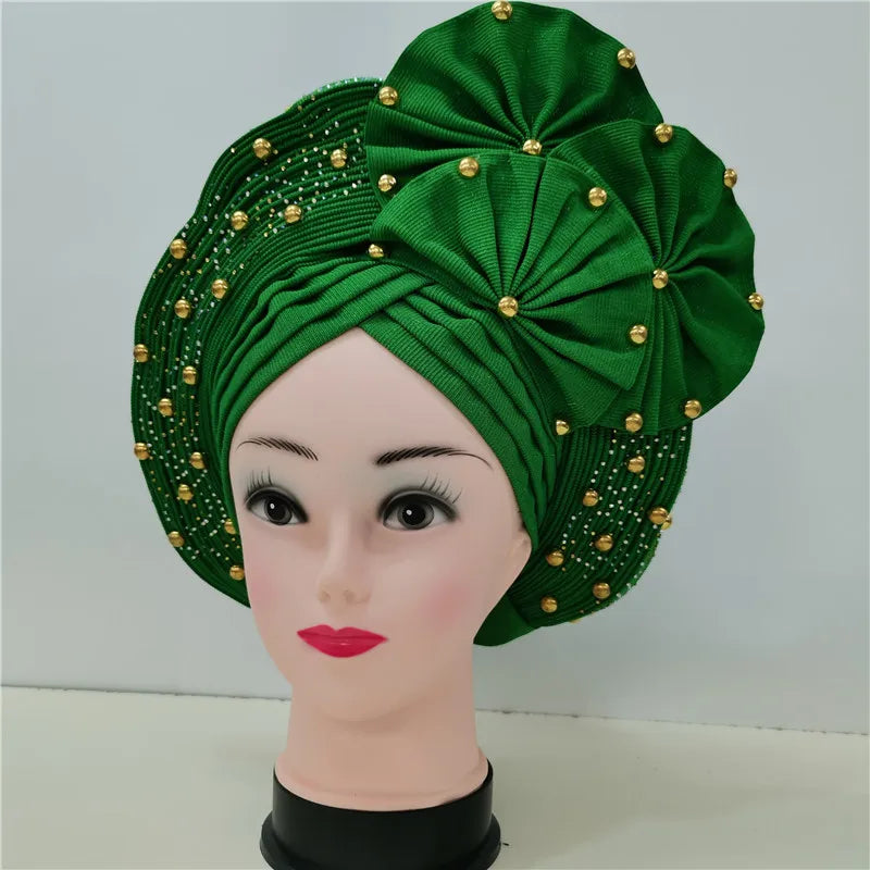 High Quality African Nigeria Gele Elegant Helmet With Stones Headband Turban Head Scarf Head-Hat Auto Gele Brand New Hats 7L1181