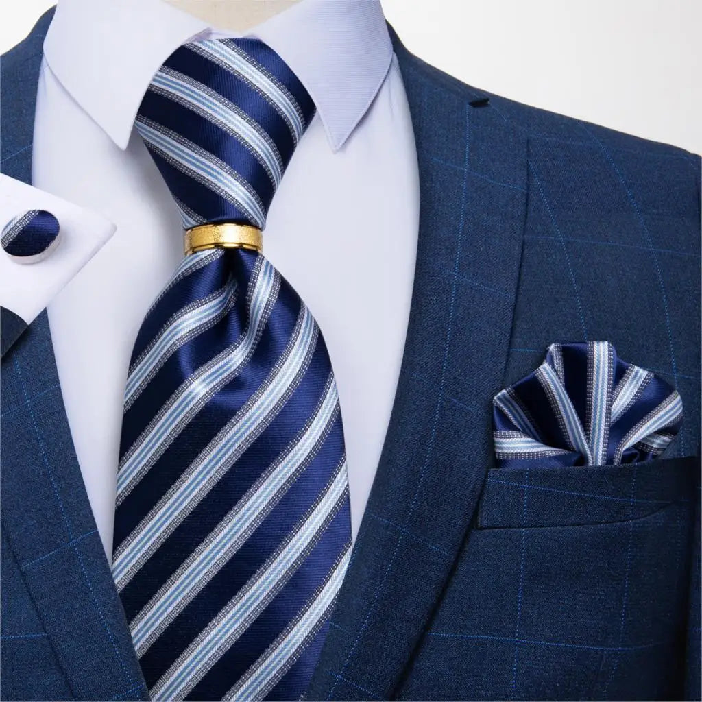 Men's Tie Handkerchief Cuffink Necktie Set Jacquard Woven Silk Blue Wedding Formal Business Party Necktie Ring Set DiBanGu