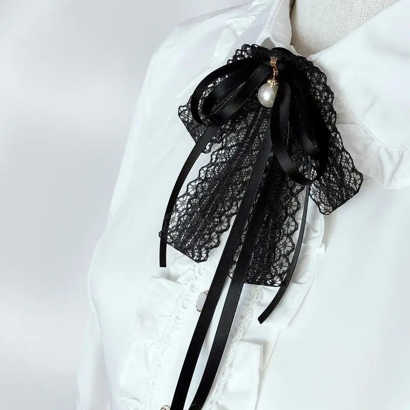Black Ribbon Fabric Bow Brooch Tie Blouse Sweater Neckline Accessories Decoration