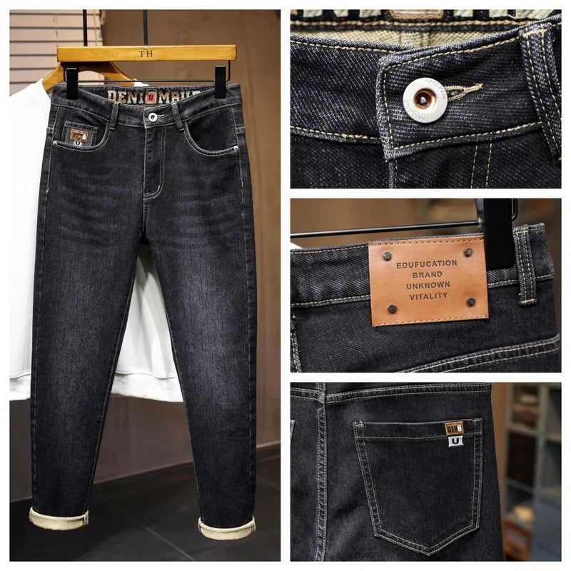 On The New Embroidered Jeans Men's Light Luxury Trend Senior Sense of All Straight Tube Lace-up Adult Gentleman Comfortable