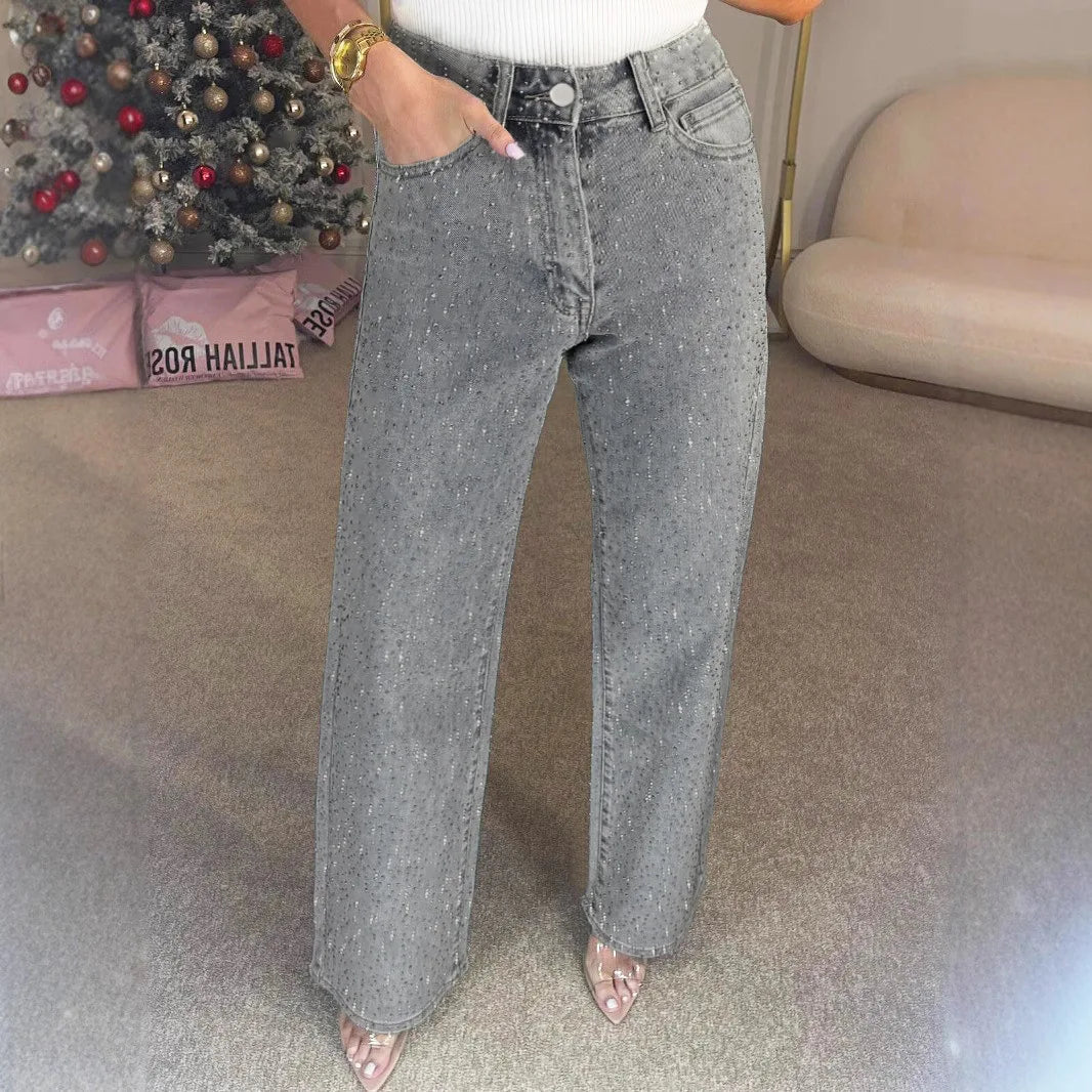 Straight Jeans for Women Diamonds Pants Stretch High Waist Washed Distressed Pockets Vintage Denims Streetwear Female Trousers