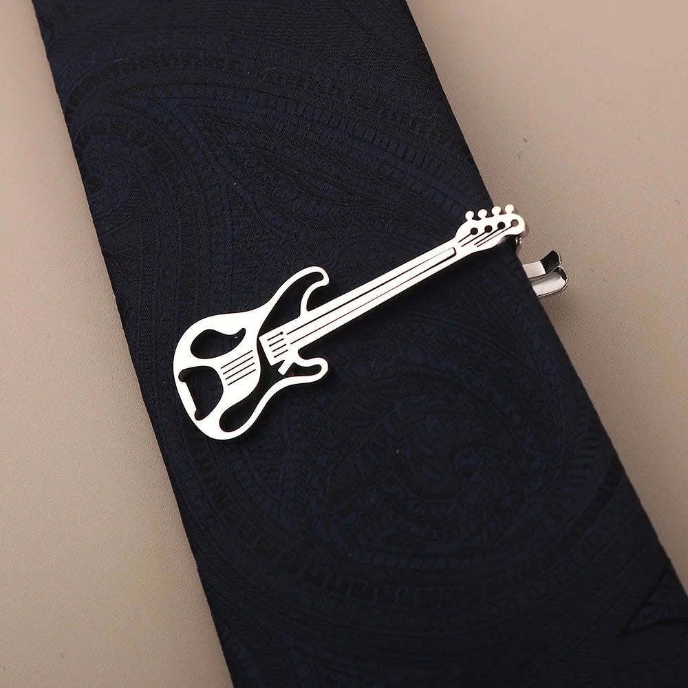 Treble Clef Guitar Tie Clip Titanium Steel Instrument Music Note Tie Pin Hip Hop Punk Piano Necktie Buckle Concert Accessories