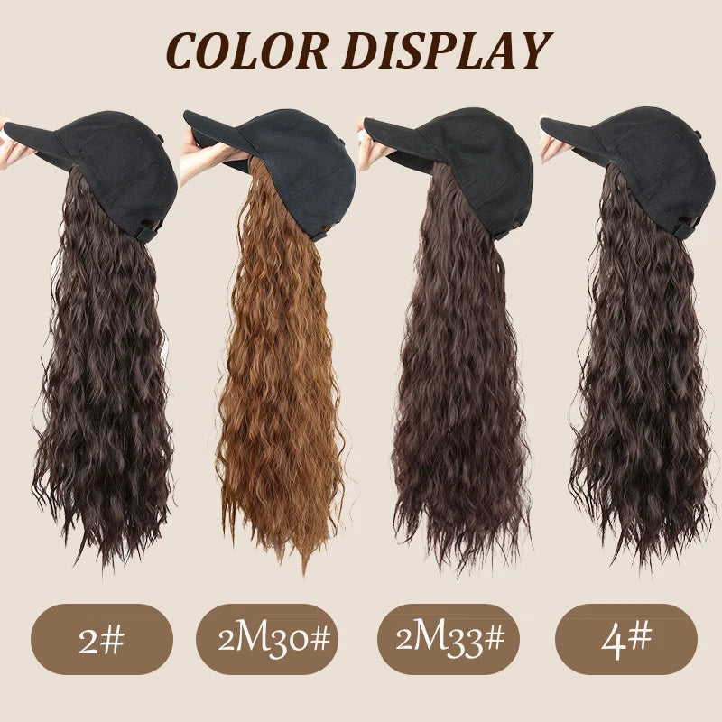 Hat Wig for Women, Integrated Design Baseball Cap Wig, Synthetic Long Curly Wavy Hair Extensions, Adjustable Black Baseball Cap