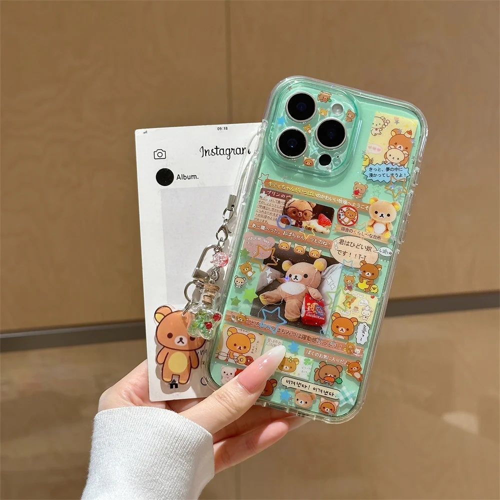 Kawaii Rilakkuma Cartoon Phone Case for iPhone 17 16 15 Pro16 Max 17 Pro Max Cover Cute Shockproof Funda Capa With Charm Cases