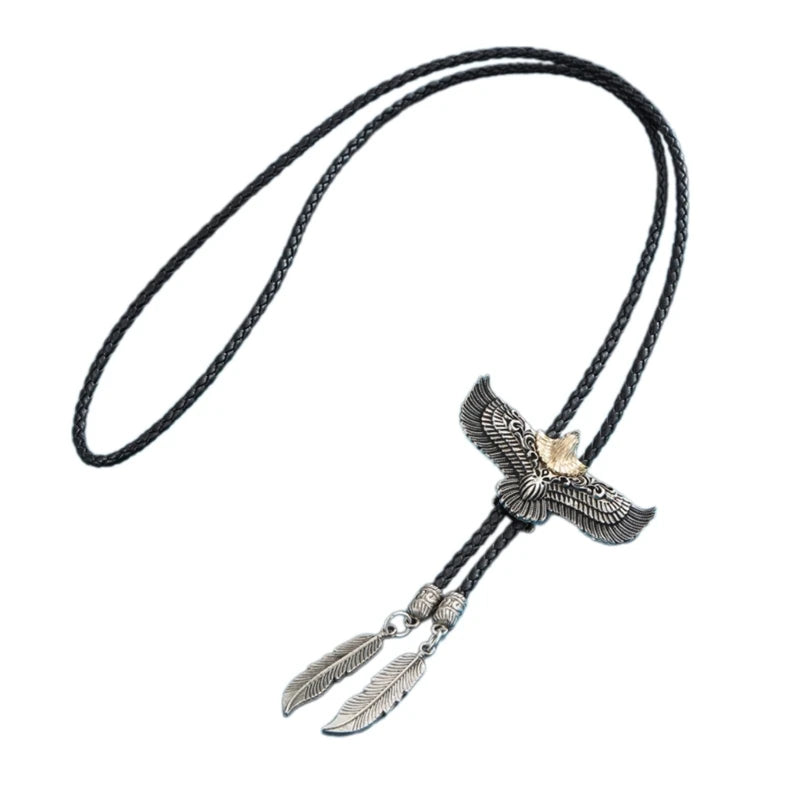 Mens Women Bolo Tie Cowboy Necktie Leather Rope Necklace with Metal Flying Feathered Pendant Jewelry Shirt Chain