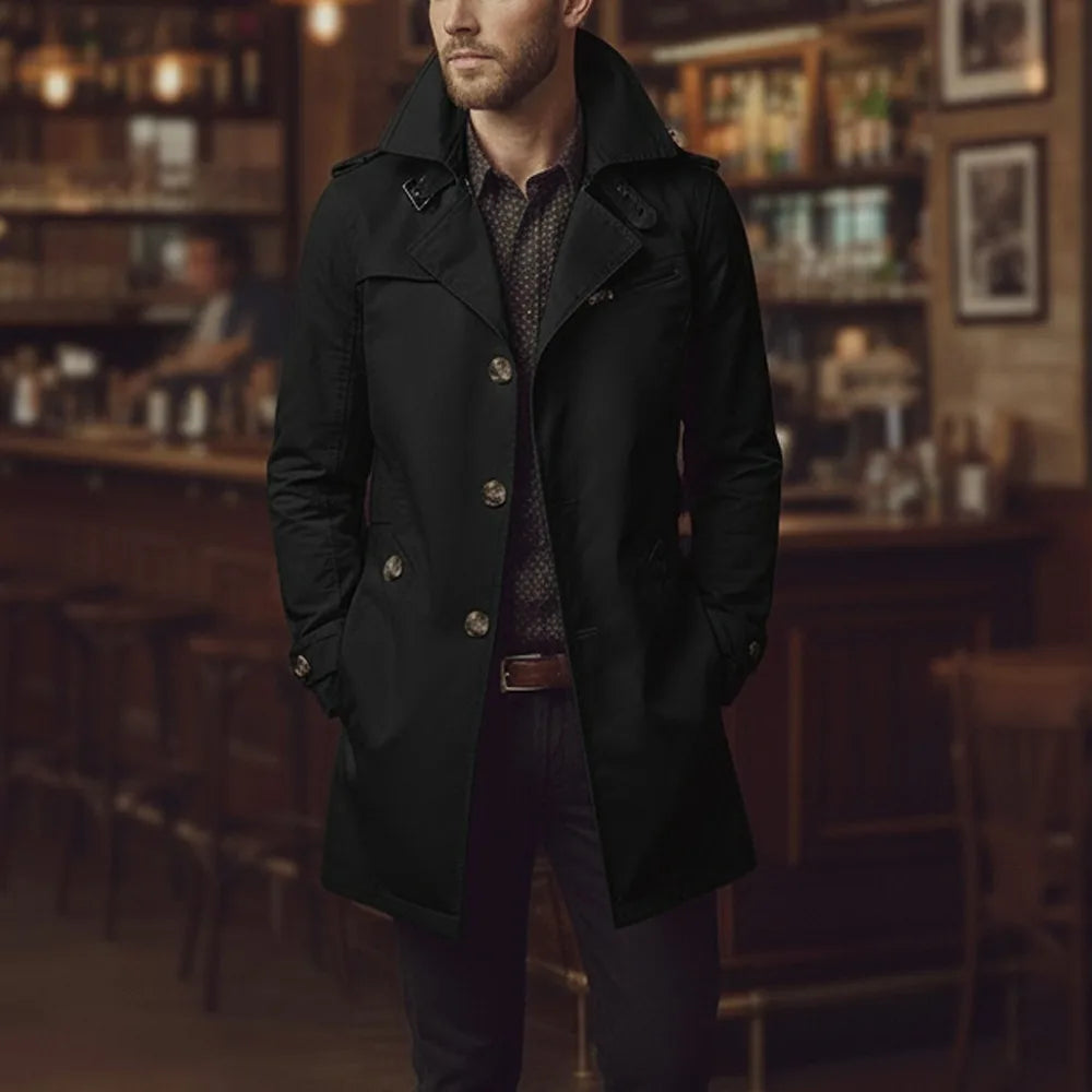 Men's Slim Notched Collar Single Breasted Cotton Jacket Office Casual Business Trench Coat
