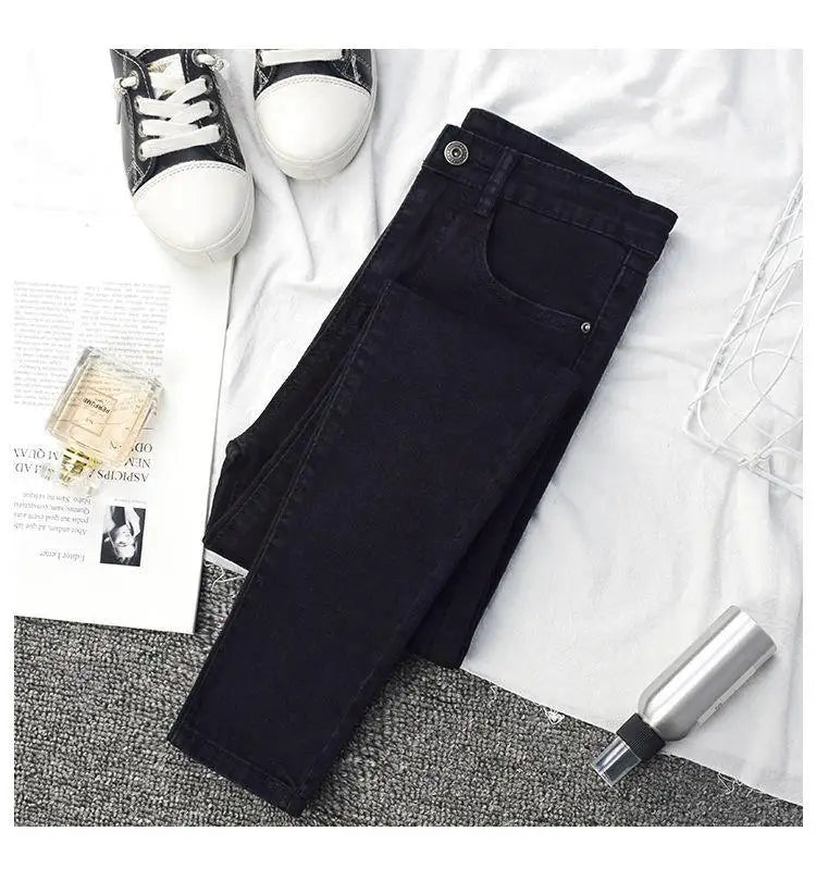 High Waist Slim Fit Jeans Women's Elastic Stretchy Nine Points Pants Spring Autumn Fashionable Casual Straight Leg Trousers