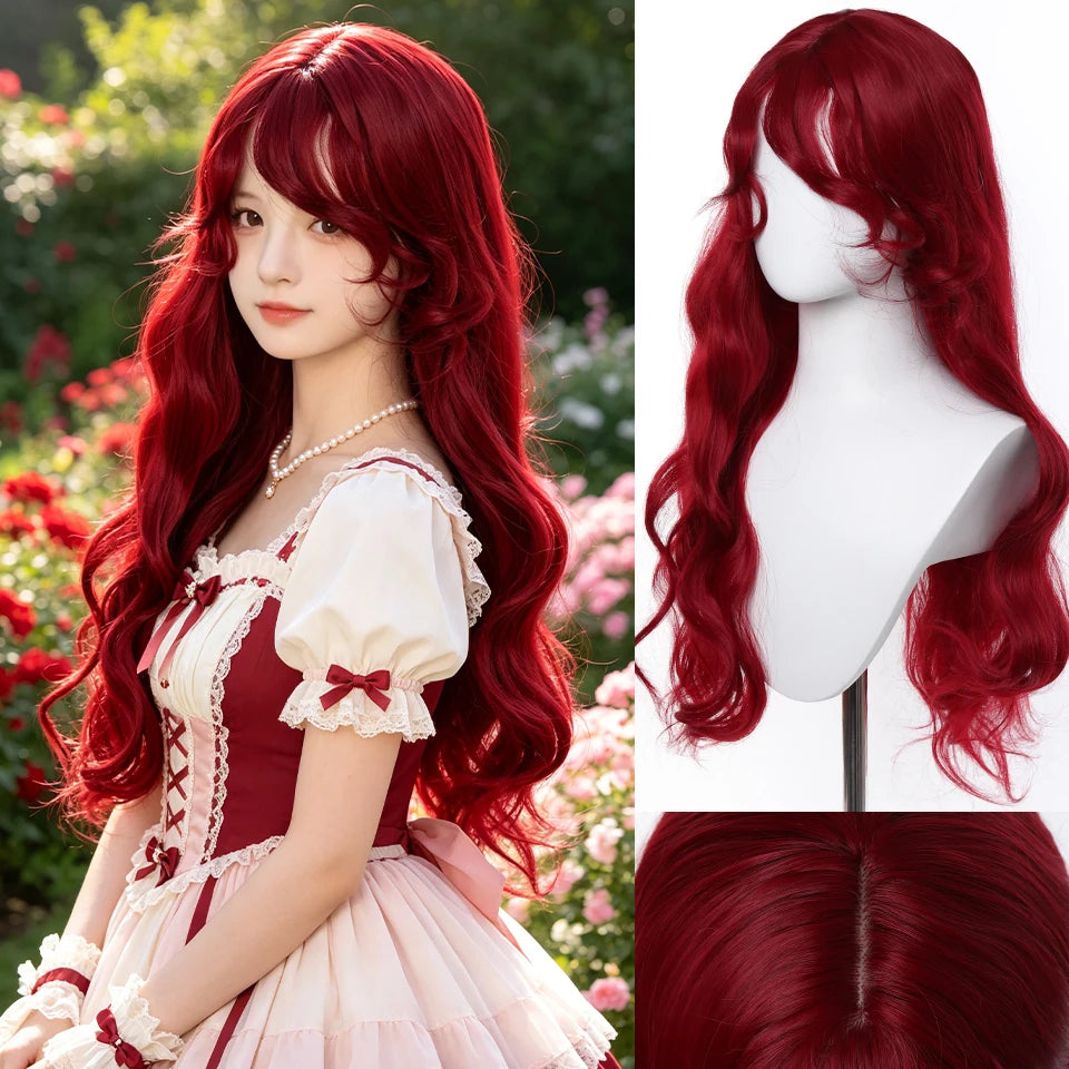 Long Straight Wavy Wine Red Wig With Bang Synthetic Wigs for Women Heat Resistant Natural Hair for Daily Halloween Cosplay Party