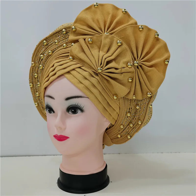 High Quality African Nigeria Gele Elegant Helmet With Stones Headband Turban Head Scarf Head-Hat Auto Gele Brand New Hats 7L1181