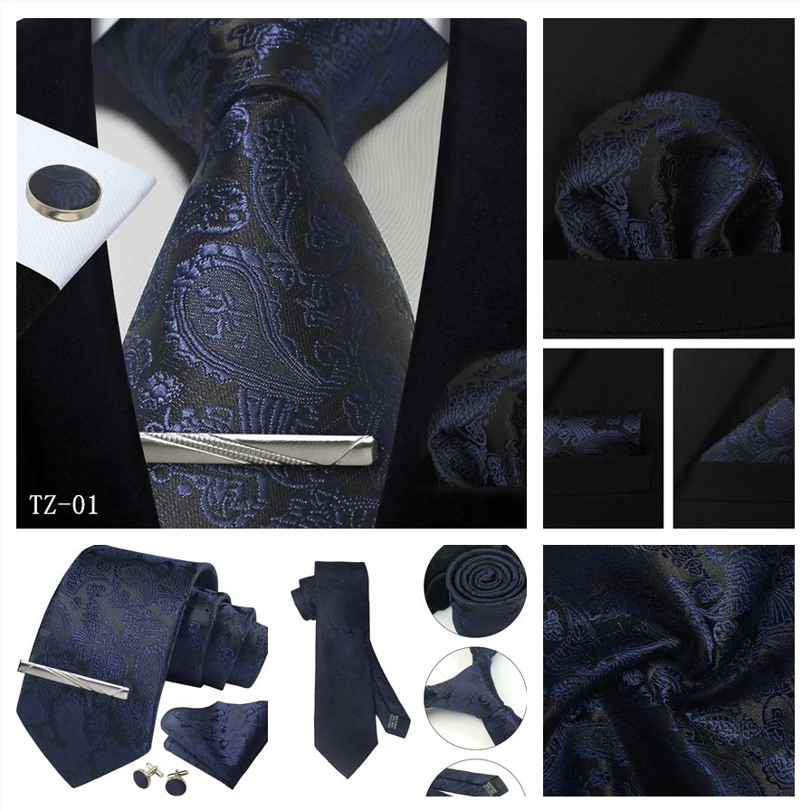 Mens Tie Set Silk Silver Paisley Floral Necktie and Pocket Square Cufflinks Tie Clip Classic Formal Ties for Men Wedding Party