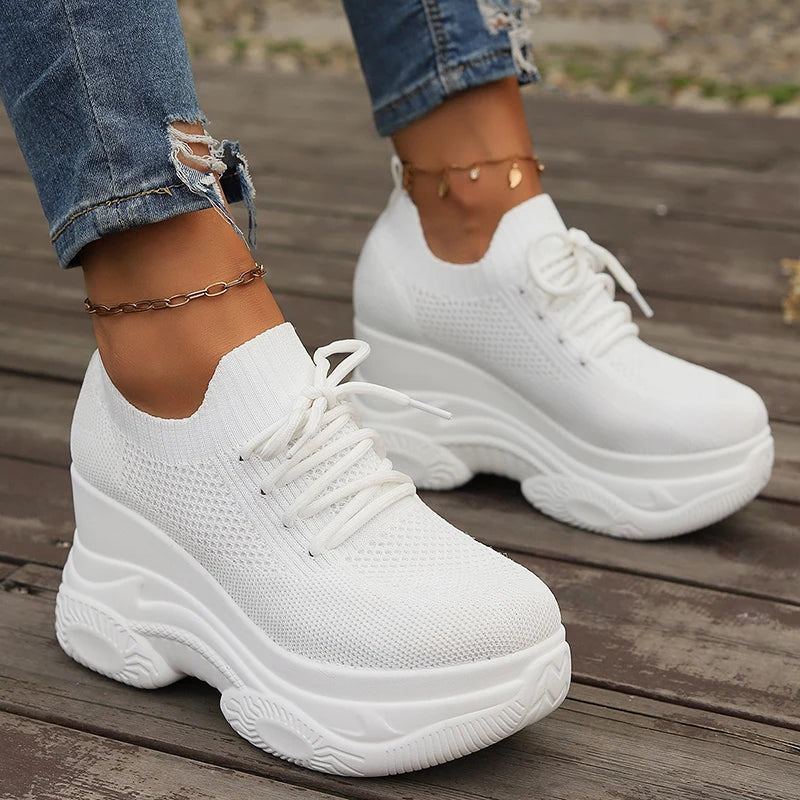 Women's Knitted White Wedge Sneakers 2026 Spring Breathable Mesh Chunky Platform Sneakers Woman Plus Size 42 Lace Up Sport Shoes