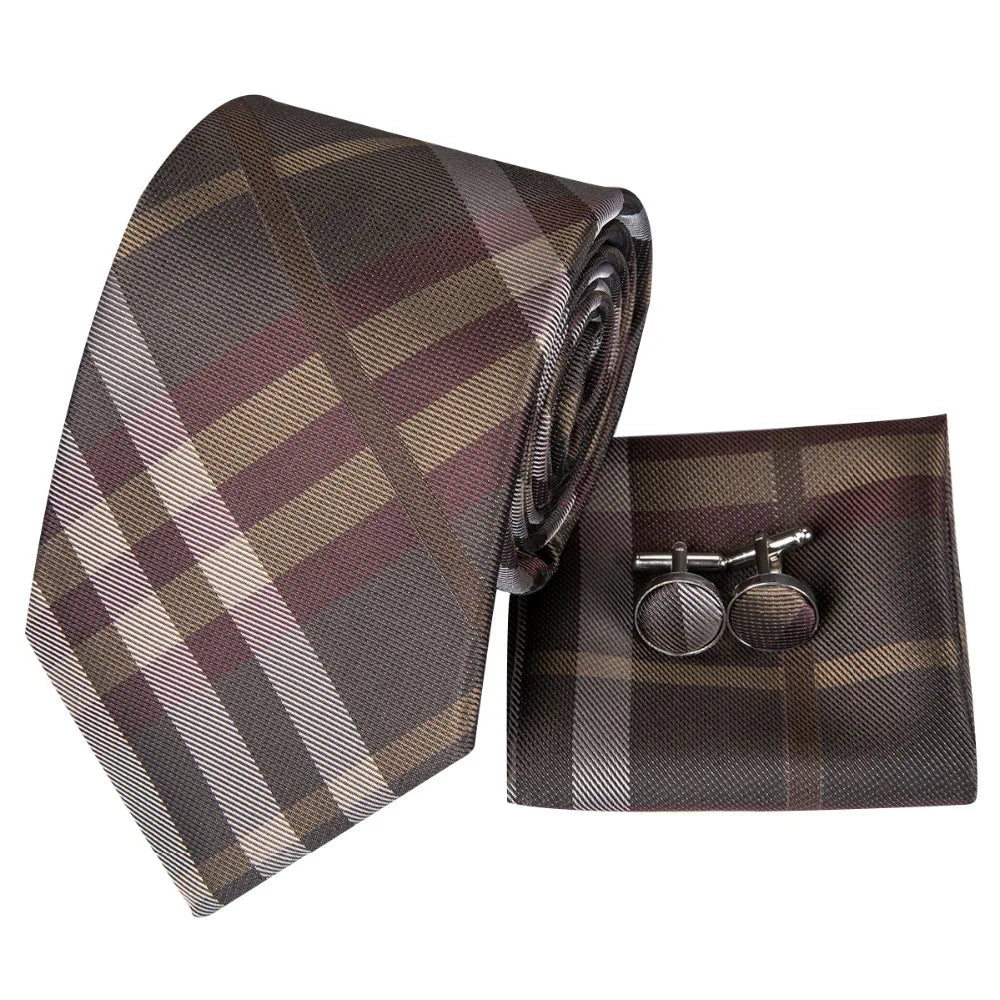 C-3014 Hi-Tie Men Tie Silk Necktie Plaid Brown Ties for Men High Quality Hanky Cufflinks Set Men's Wedding Pocket Square Tie Set