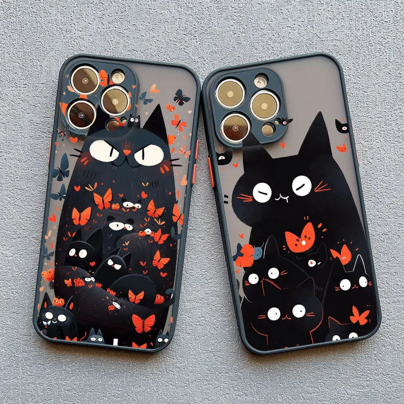 Cute Cartoon Cat Phone Case For iPhone 13 Cases 17 16 14 15 11 12 13 Pro Max Mini XS X XR 15 Plus Black Color Shockproof Covers
