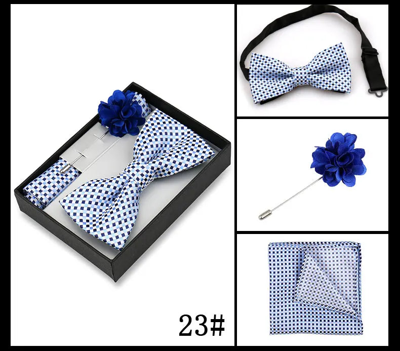 Classic High Quality Bow Tie Set Box Gift For Men Fashion Elegant Bowtie Handchief And Brooch Set Wedding Business Accessories