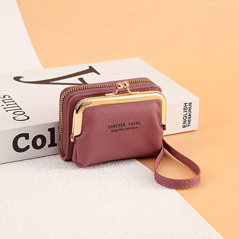 Women'S Elegant Wallet with Wrist Strap & Kiss Button Closure -Golden-Tone Hardware,Zipper Pocket & Card Holder,Wallet for Women