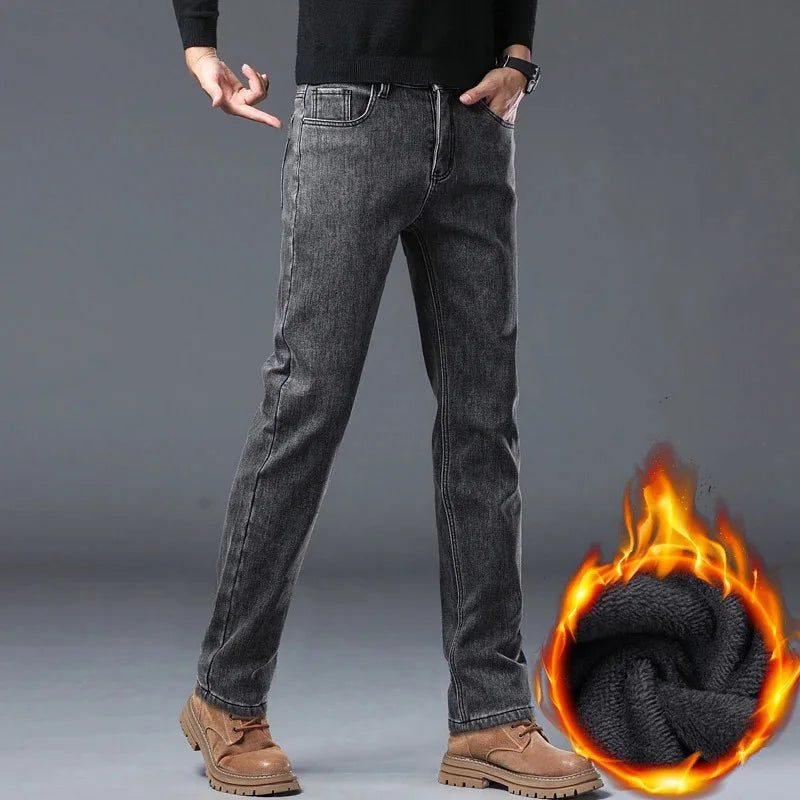 Winter Warm Jeans Men's Slim Straight Elastic Denim Pants Casual Male Clothing Fashion Plush Trousers New Hot Sale Fashion Jeans