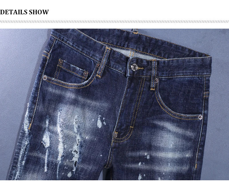 Fashionable men's deep blue jeans with scratches, washed water, nostalgic stretch, slim fit, painted jeans, designer high street
