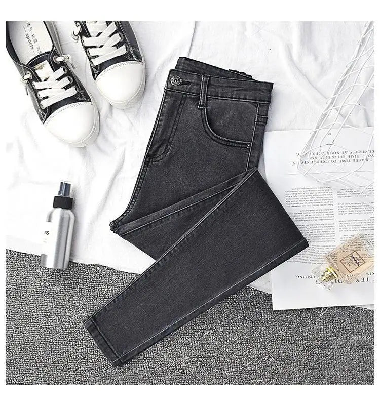 High Waist Slim Fit Jeans Women's Elastic Stretchy Nine Points Pants Spring Autumn Fashionable Casual Straight Leg Trousers