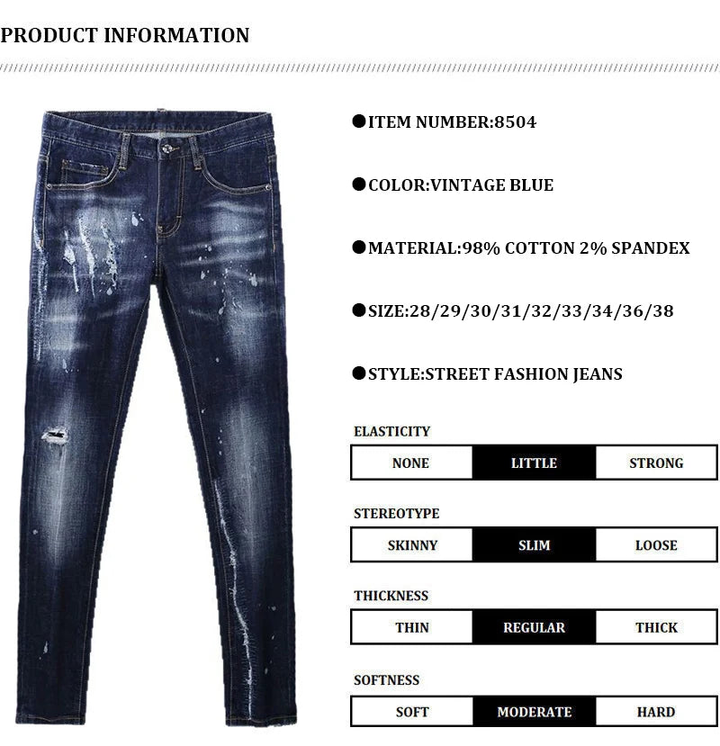 Fashionable men's deep blue jeans with scratches, washed water, nostalgic stretch, slim fit, painted jeans, designer high street