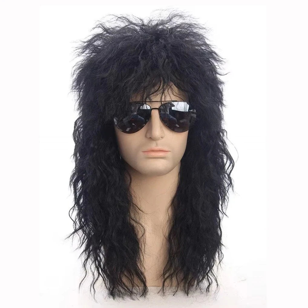 Men's Black Curly Wig with Bangs – Natural Water Wave Synthetic Hair for Cosplay, Halloween & Daily Wear – Adjustable Cap (Rolep