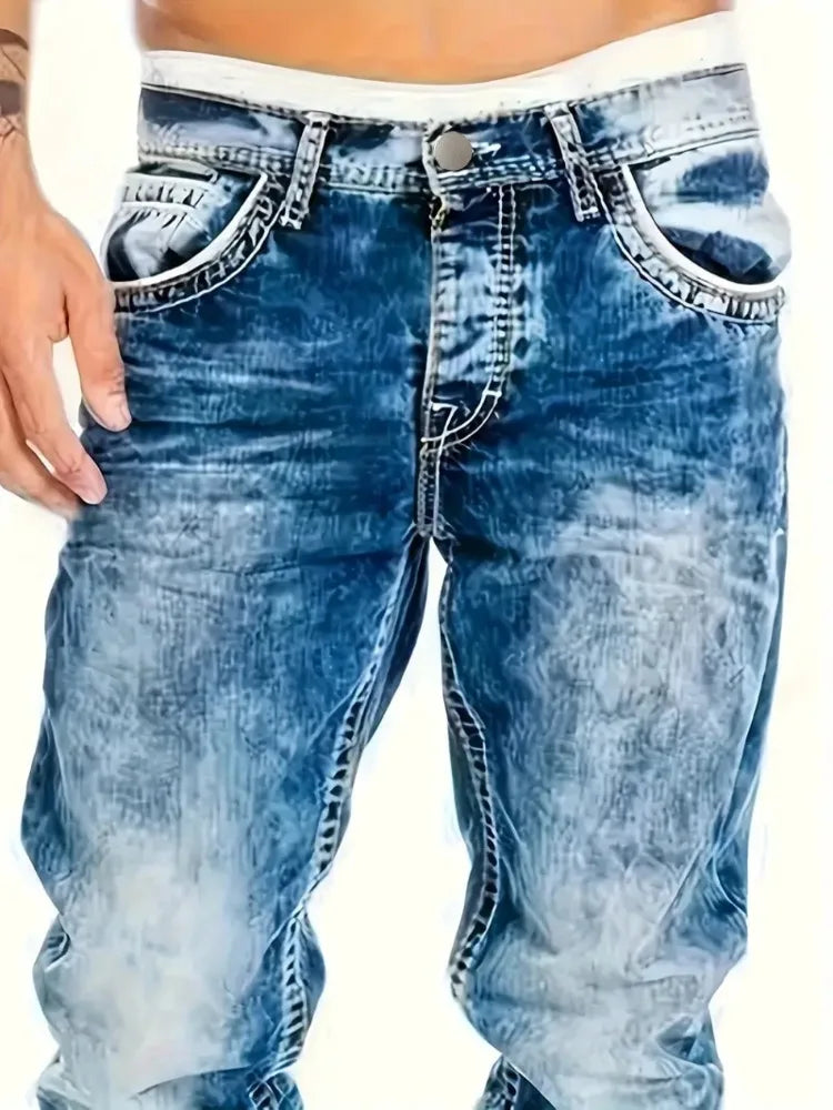 European American Jeans Men's Autumn New Slim Elastic Trousers Fashionable Vintage Wash Denim Pants Male Streetwear