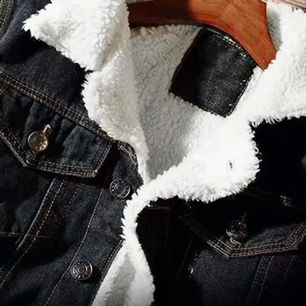 Men Jean Jacket Thicken Lamb Cashmere Lining Men Denim Coat Solid Color Coldproof Outerwear Winter Single Breasted Men Jean Coat