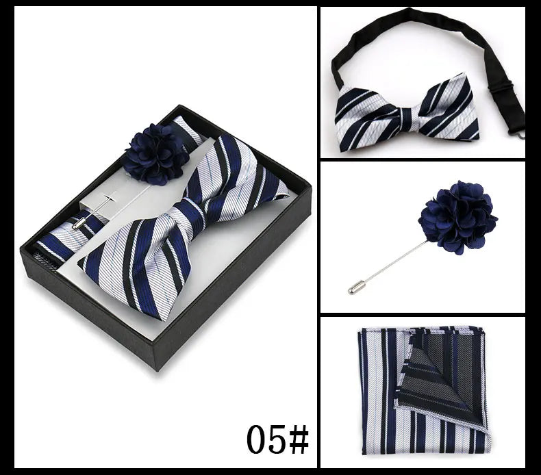 Classic High Quality Bow Tie Set Box Gift For Men Fashion Elegant Bowtie Handchief And Brooch Set Wedding Business Accessories