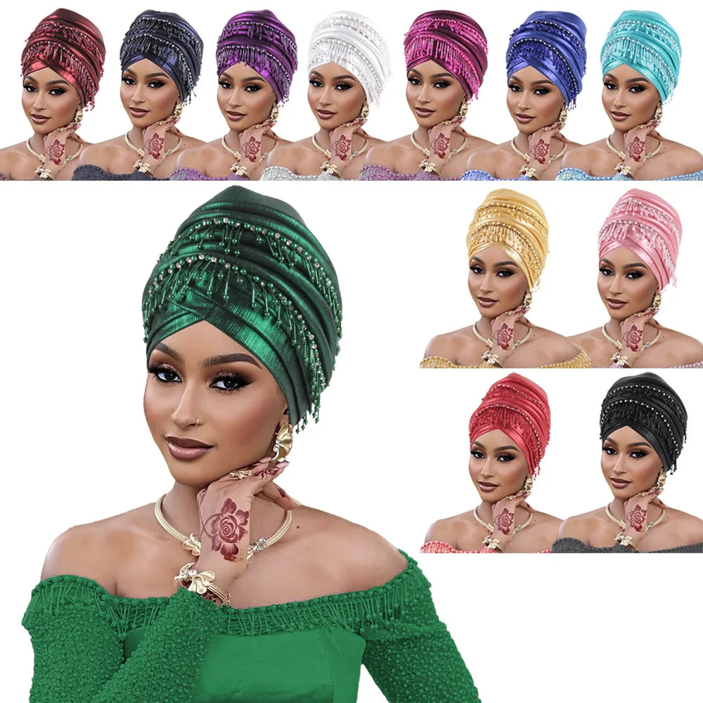 African Headtie Women Beads Tassels Turban Cap Nigerian Wedding Auto Gele Party Headpiece Head Wrap Hijab Bonnet Hat Headdress